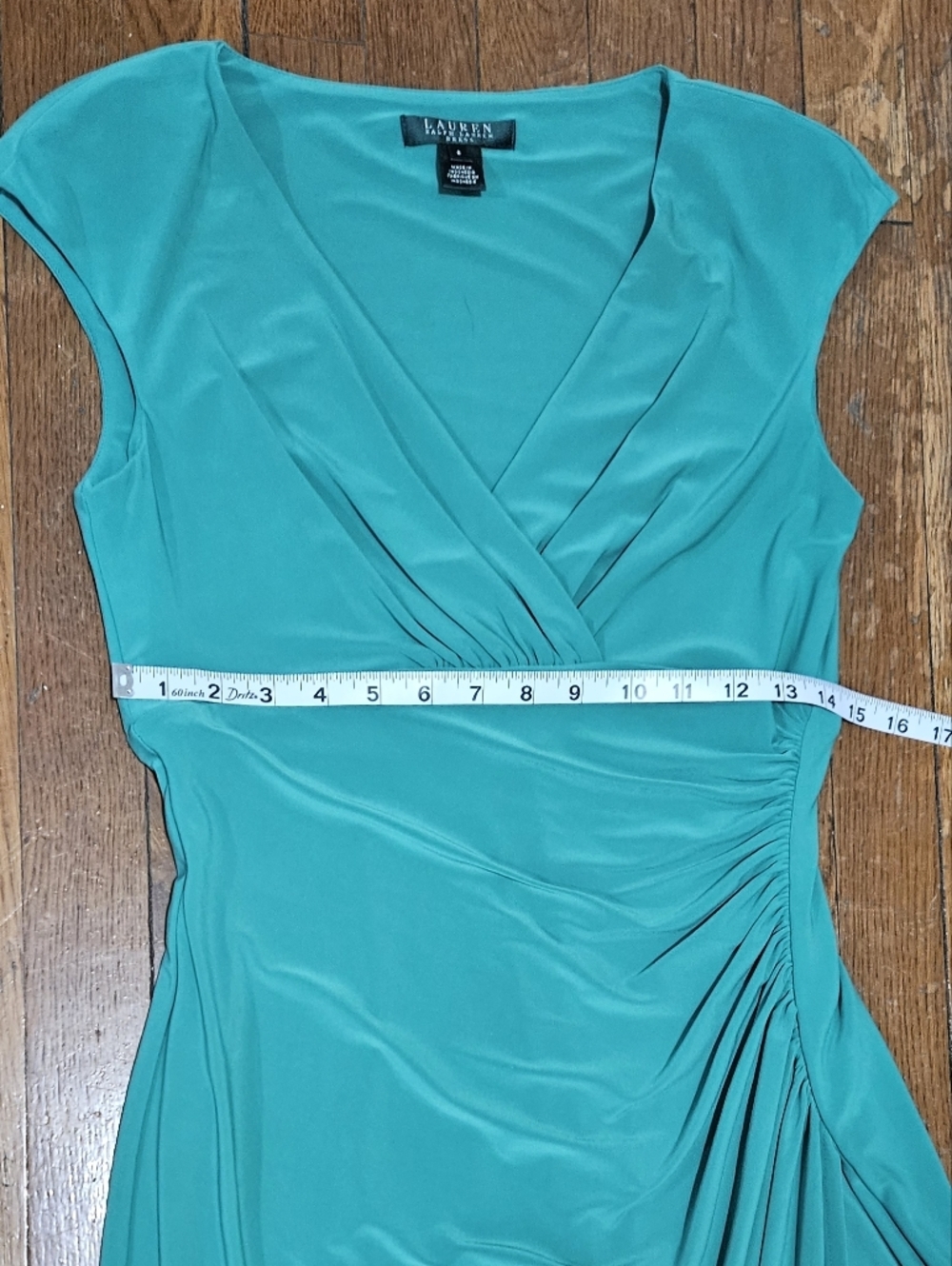 Lauren Ralph Lauren Faux-Wrap Green Ruched Sheath Dress - Size 6 - Picture 11 of 13